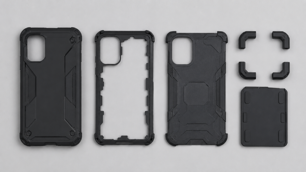 Multi-layer rugged phone case construction showing protective layers
